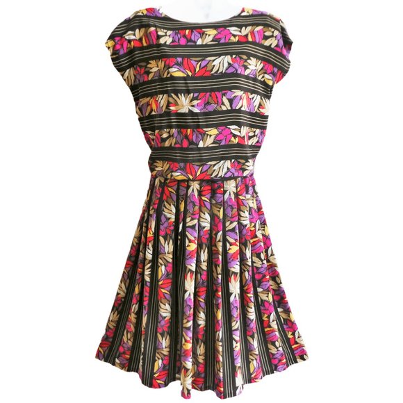 Vintage Dresses & Skirts - Vintage Secretary Dress Mixed Floral Stripes Pleated Skirt V Back USA